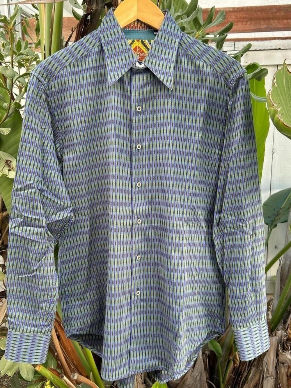 Robert Graham Striped Flip Cuff Button Up Shirt S Blue Green